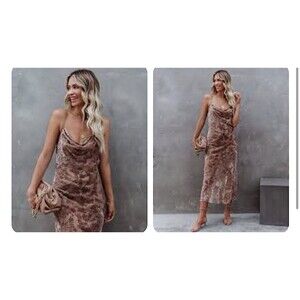 VICI Velvet Burnout Midi Dress Cowl Draped Neck Slip Floral Brown Womens Sz S
